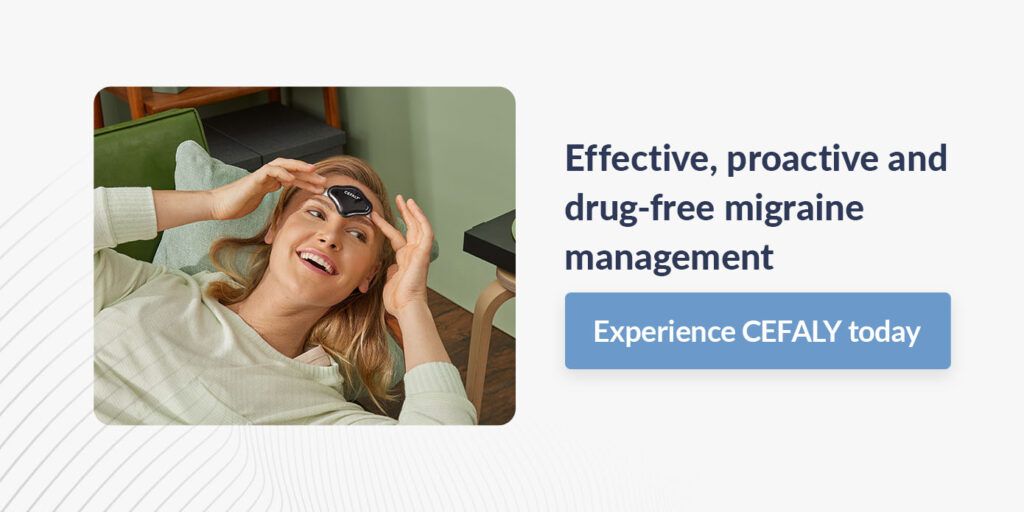 a woman laying with a CEFALY device on her forehead that says effective proactive and drug-free migraine management