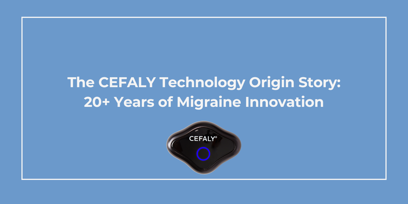 A glossy black CEFALY migraine device on a blue background
